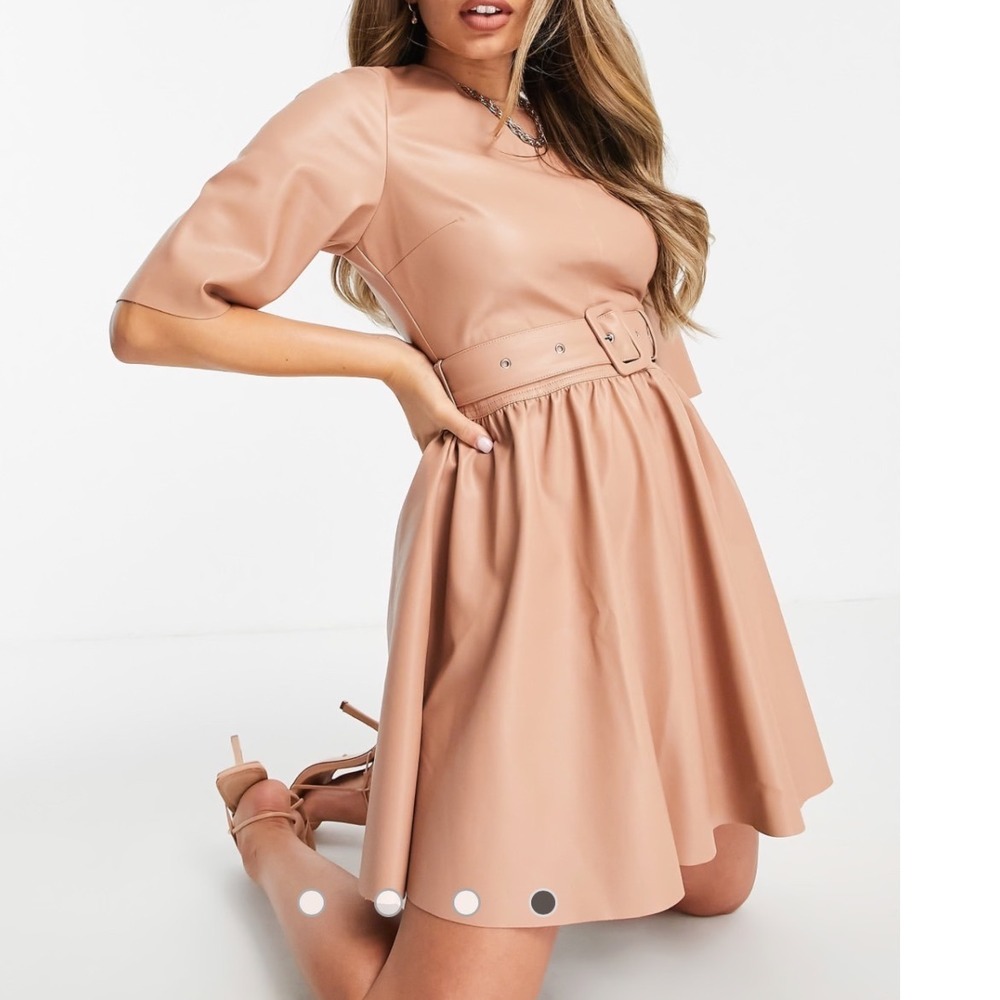 ASOS DESIGN 4 Faux Leather Belted A Line‎ Mini Skater Dress Beige Tan